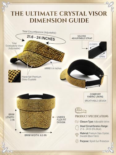 Women Shiny Rhinestone Bling Sun Visor Adjustable Tennis Beach Ponytail Hat - color: Black Hat+gold Rhinestone