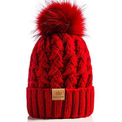 PAGE ONE Womens Winter Ribbed Beanie Crossed Cap Chunky Cable Knit Pompom Soft Warm Hat - color: Red