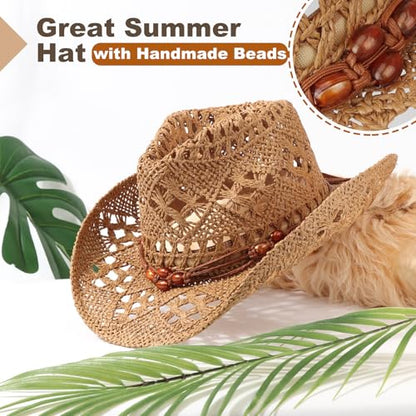 AQOKKA Straw Cowboy Hats for Women Men Western Cowgirl Hats with Shapeable Brim Woven Hollow Out Unisex Beach Roll Up Caps - color: Brown Beads Cowboy Hat : Khaki a
