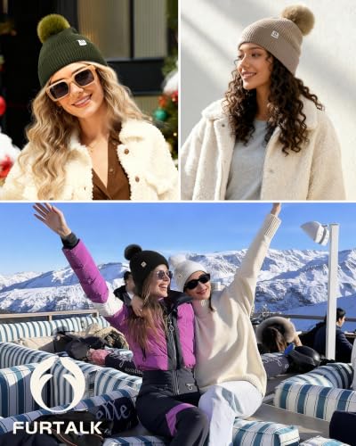 FURTALK Pom Pom Winter Hats for Women Fleece Lined Slouchy Warm Beanie Skull Cap - color: Beige