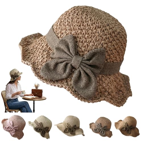 Elegant Woven Straw Sun Hat with Bow, Summer Beach Sun Straw Hats for Women, Foldable Wide Brim Floppy Beach - color: Khaki