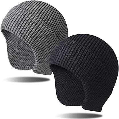 Arcweg Beanie with Earflap for Men Women Winter Warm Thermal Hats Stocking Cap Toboggan Outdoor Hat - color: Black+grey