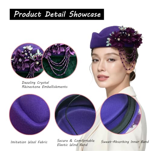 Women's Retro British Felt Headscarf Hat Church Derby Headdress with Floral Women's Soft Beret - color: 02 Deep Eggplant Purple