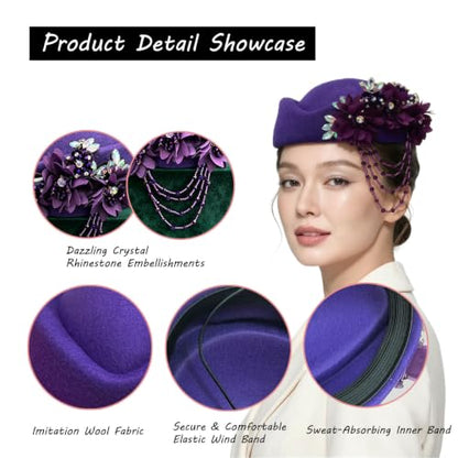 Women's Retro British Felt Headscarf Hat Church Derby Headdress with Floral Women's Soft Beret - color: 02 Deep Eggplant Purple