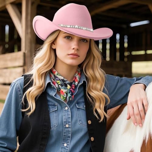 DRESHOW Western Cowboy Hat for Women and Men Wide Brim Glitter Cowboy Cowgirl Hat with Rhinestone Felt Fedora Hats - color: 1 Pack Style 10: Light Pink