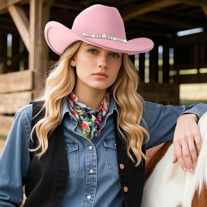 DRESHOW Western Cowboy Hat for Women and Men Wide Brim Glitter Cowboy Cowgirl Hat with Rhinestone Felt Fedora Hats - color: 1 Pack Style 10: Light Pink