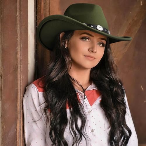 DRESHOW Women Men Classic Felt Wide Brim Western Cowboy & Cowgirl Cap Belt Buckle Retro Panama Hat Unisex Rolled up Caps - color: 1 Pack Style 1: Army Green (Hat Circumference: 22-22.8")