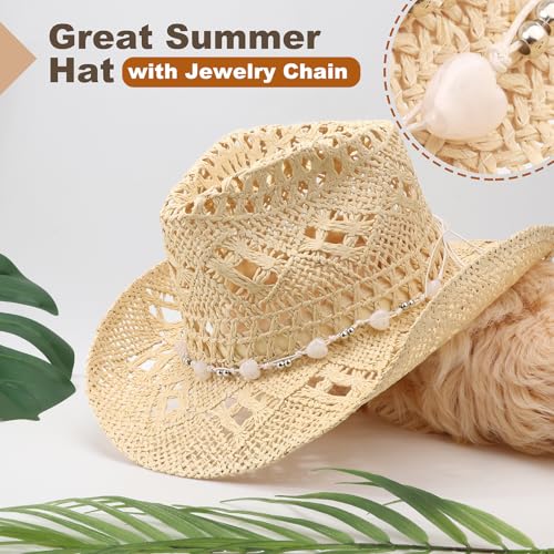 AQOKKA Straw Cowboy Hats for Women Men Western Cowgirl Hats with Shapeable Brim Woven Hollow Out Unisex Beach Roll Up Caps - color: Cowboy Hat : Beige