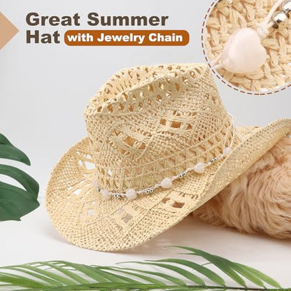 AQOKKA Straw Cowboy Hats for Women Men Western Cowgirl Hats with Shapeable Brim Woven Hollow Out Unisex Beach Roll Up Caps - color: Cowboy Hat : Beige