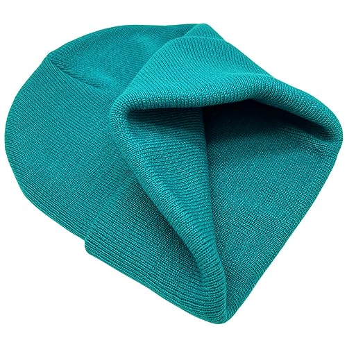 55cube Unisex Knit Cuffed Beanie Hats Warm Winter Caps with Leather Logos - color: Peacock Green