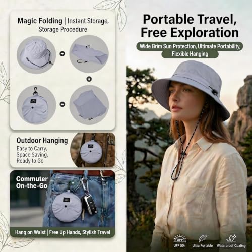 Honnesserry Bucket Hats for Woman Men Outdoor UV Sun Protection Hat Nylon - color: Light Grey