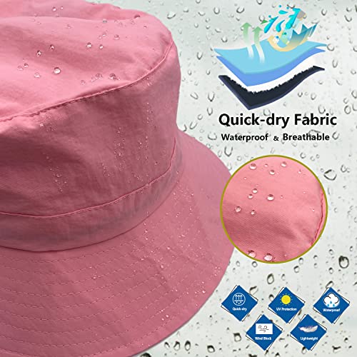 woogwin Waterproof Bucket Rain Hat with Chin Strap Quick Dry Packable Boonie Sun Hat Safari Hat UV Protection - color: Pink1