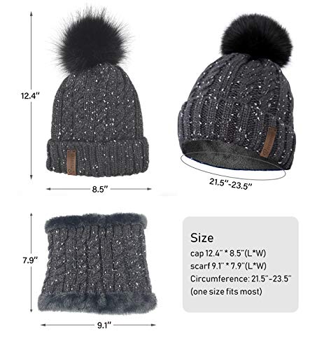 IYEBRAO Womens Winter Knit Beanie Hat and Scarf Set Girls Cute Slouchy Thick Fleece Lined Ski Hat Warm Skull Cap with Pom - color: Dark Grey