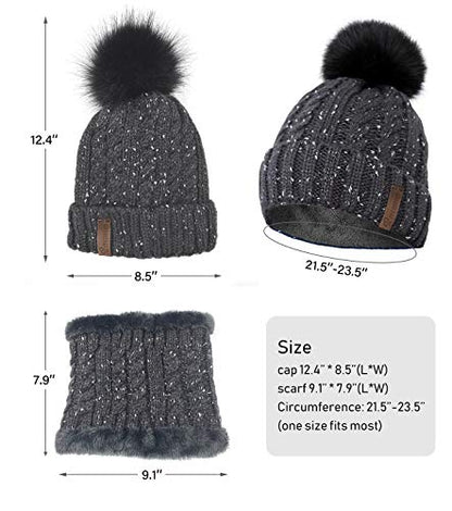 IYEBRAO Womens Winter Knit Beanie Hat and Scarf Set Girls Cute Slouchy Thick Fleece Lined Ski Hat Warm Skull Cap with Pom - color: Dark Grey