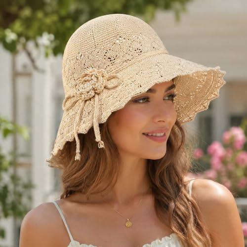Woven Straw Bucket Hat for Women Bowknot Straw Bucket Hats Packable Sun Hats Summer Party Travel Daily Wear - color: Beige