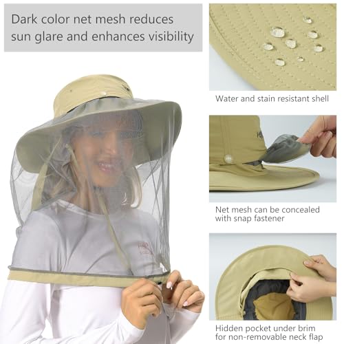 BASSDASH UPF 50+ Mosquito Sun Hat with Hidden Head Net and Neck Flap for Men Women Outdoor Fishing Hiking Camping - color: Khaki