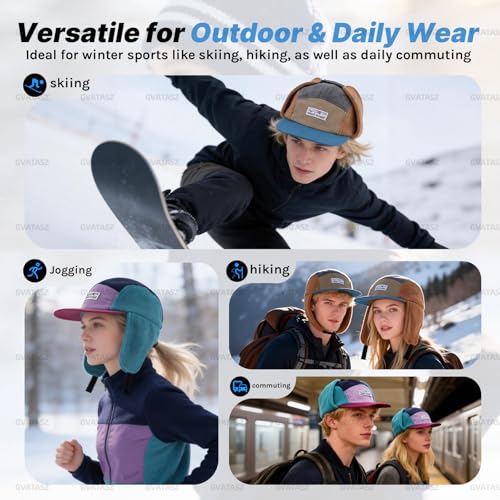 Retro Patchwork Polar Fleece Trapper Hat with Visor, Warm Winter Earflap Cap Flat Brim 5 Panel Baseball Ushanka Hats - color: Mg-lfm25128-camel