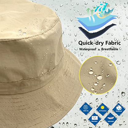woogwin Waterproof Bucket Rain Hat with Chin Strap Quick Dry Packable Boonie Sun Hat Safari Hat UV Protection - color: Khaki