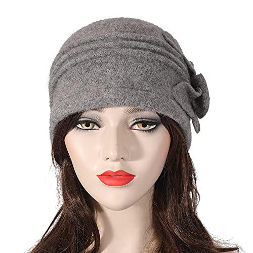 ZLYC Women Wool Cloche Bucket Hat 1920s Vintage Winter Hat with Flower - color: Flower Grey