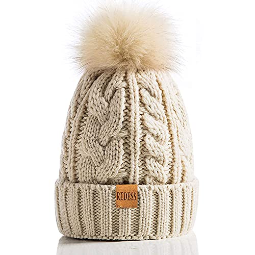 REDESS Women Winter Pompom Beanie Hat with Warm Fleece Lined Thick Slouchy Snow Knit Hat Skull Ski Cap - color: Beige