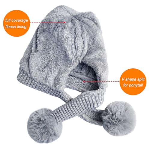 HUAMULAN Women Winter Knit Beanie Hat Circle Scarf Set Pompoms Ear Flaps - color: Gray Solid