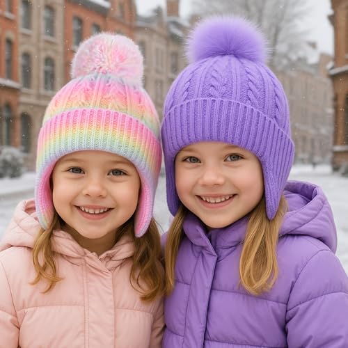 Toddler Earflap Beanie Hat with Rainbow Pom for Little Girls Knitted Beanies Kids Winter Skiing Caps Age 3-8 - color: Rainbow 02