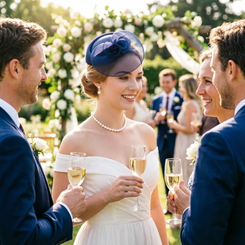 DRESHOW Fascinator Hats for Women Cocktail Tea Party Hat Netted Pillbox Hat Vintage Derby Hats for Bridal Wedding - color: Pillbox Hat: Navy Blue