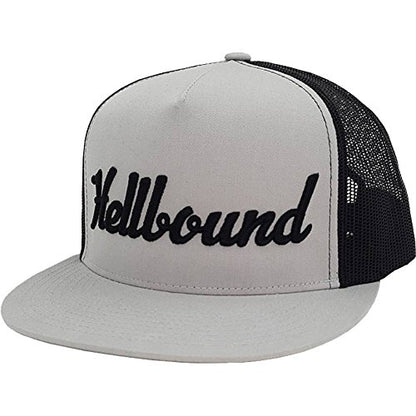 Hellbound Trucker Cap for Men – Flat Bill 5-Panel Mesh Hat – 3D Raised Hellbound Front Embroidery – Adjustable Snapback – One Size Fits Most – Bold Baseball Cap (Silver/Black)