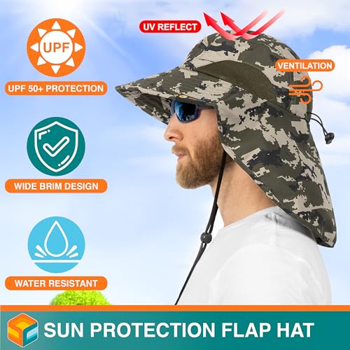 SUN CUBE Wide Brim Sun Hat with Neck Flap for Men Women, UPF50+ Fishing - color: Green Camo