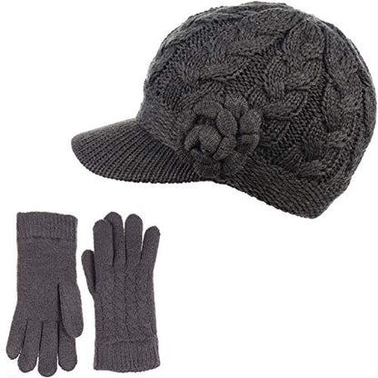 Womens Winter Elegant Cable Flower Knitted Newsboy Cabbie Cap Beret Beanie Hat with Visor, Warm Plush Fleece Lined - color: Charcoal Cable Flower-hat Gloves Set