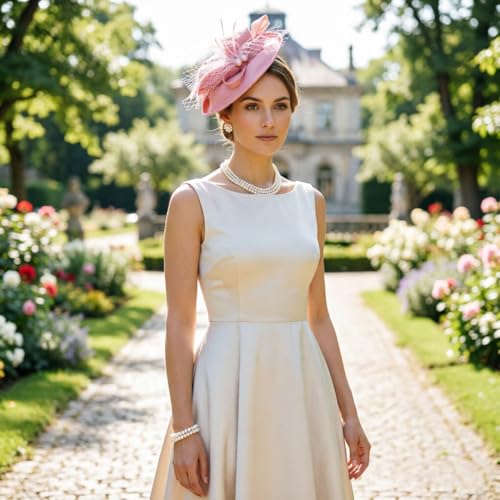 DRESHOW Fascinators Hats for Women Tea Party Hat Vintage Derby Pillbox Kentucky Hat Church Cocktail Headwear - color: 9.5" Diameter / Nude Pink