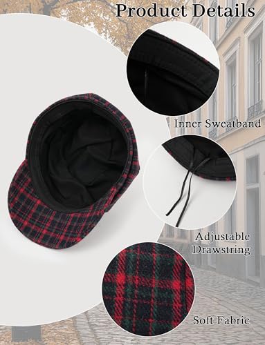 FEOYA Women Newsboy Hat Plaid Cabbie Caps Cotton Casual Stylish Beret Cap Paperboy Hats - color: Plaid-red