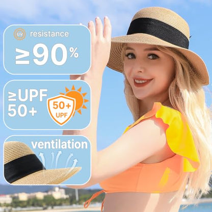 Beach Sun Straw Hats for Women, UPF 50+ UV Sun Protection Summer Straw Hat - color: A-khaki