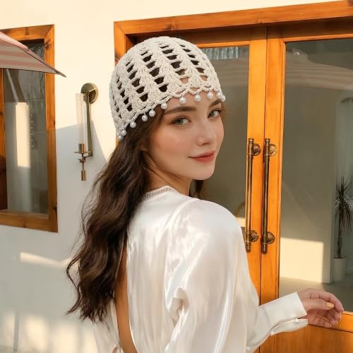 Crochet Hat Cap Cute Summer Beanies with Pearl Decor Boho Knit Mesh Hat - color: Brown Pearl