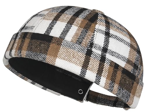DIYDECAL Striped Plaid Brimless Worker Cap,Retro Skullcap Docker Hat for Men Womens - color: Coffee