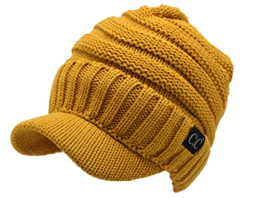 C.C Trendy Warm Oversized Chunky Soft Oversized Ribbed Slouchy Knit Hat with Visor Brim - color: Mustard