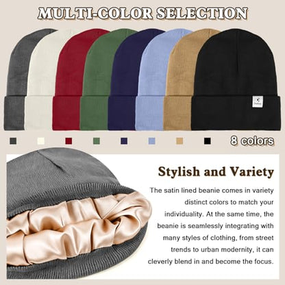 Satin Lined Winter Beanie Hat, Unisex Soft Knit Warm Skull Cap - color: Darkgrey