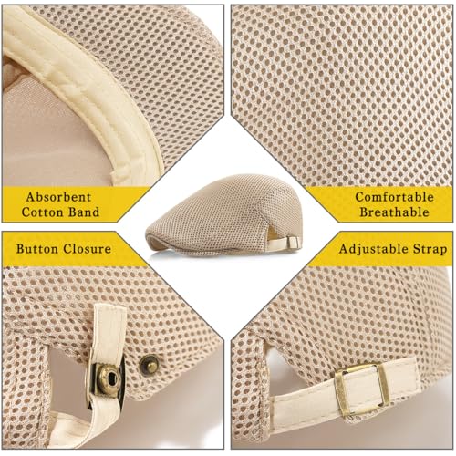 Xinveen Men's Mesh Cap Breathable Summer Newsboy Hat Adjustable Beret Ivy Cap Irish Cabbie Driving Hunting Hats - color: Beige