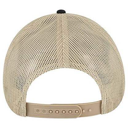 Ashen Fane 6 Panel Blend Twill Structured Low Profile Mesh Back Snapback Trucker Hat - color: Blk/Blk/Kha