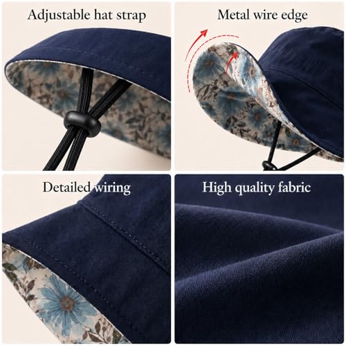 HUAMULAN Wide Brim Women Summer Sun Floppy Hat Reversible Beach Bucket Hat - color: M2320-navy