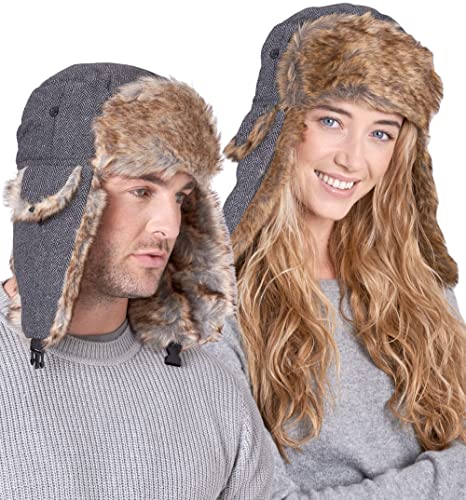 Tough Headwear Russian Trapper Hat – Water-Resistant Ushanka for Men & Women with Chin Strap & Ear Flaps - color: Herringbone