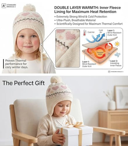Moon Kitty Baby Girls Winter Hats Rabbit Ears Earmuffs Cap … - color: Beige Heart, size: 1-3T