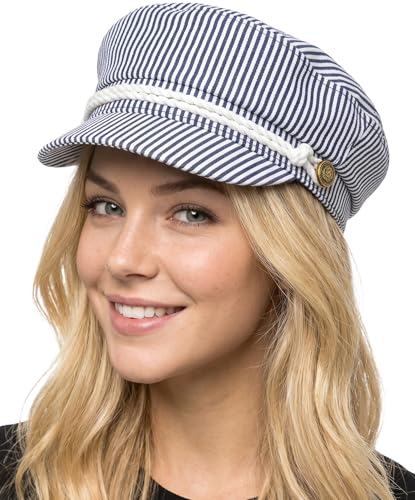 Funky Junque Greek Fisherman Newsboy Cap, Cotton Captains Bakerboy Hat - color: Cotton Pinstripes - Navy