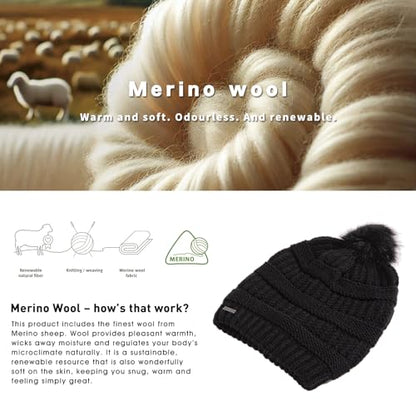 TOP-EX Winter Wool Slouchy Beanie for Women, Warm Faux Fur Pom Hat - color: Black_satin Lined