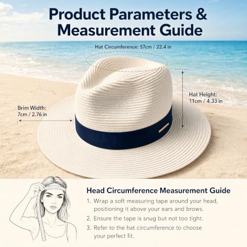 Straw Panama Hat for Men Women, Beach Sun Fedora Hat - color: Off White-blue