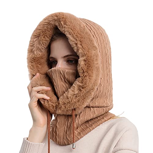 HUAMULAN Women Cable Knit Balaclavas Winter Fleece Lined Beanie Hat - color: Brown