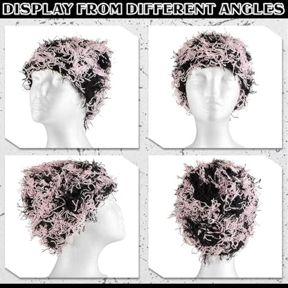 Chuarry Distressed Knitted Beanie Fuzzy Winter Hat - color: Black and Pink