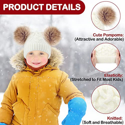 Geyoga 3 Pcs Winter Baby Beanies Double Pompom - color: Leather Pink, White, Khaki