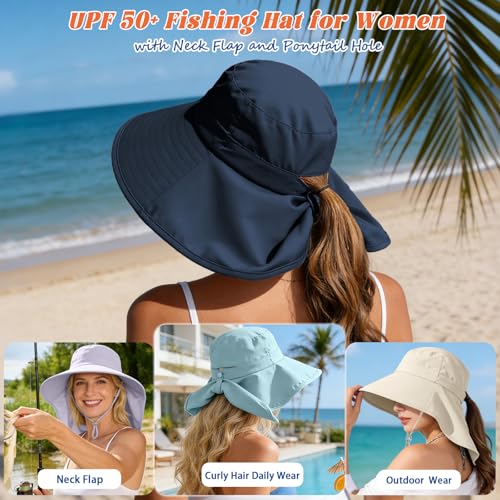 Ruqizhi Sun Hats for Women with Neck Flap Ponytail Hole Women Sun Hats Rollable UV Protection Fishing Hats Wide Brim UPF 50+ - color: Navy