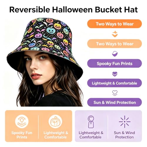 Summer Reversible Bucket Hat - Packable Cute Pineapple Sun Hat for Beach, Golf, Fishing, Travel, Outdoor for Women Men - color: Halloween